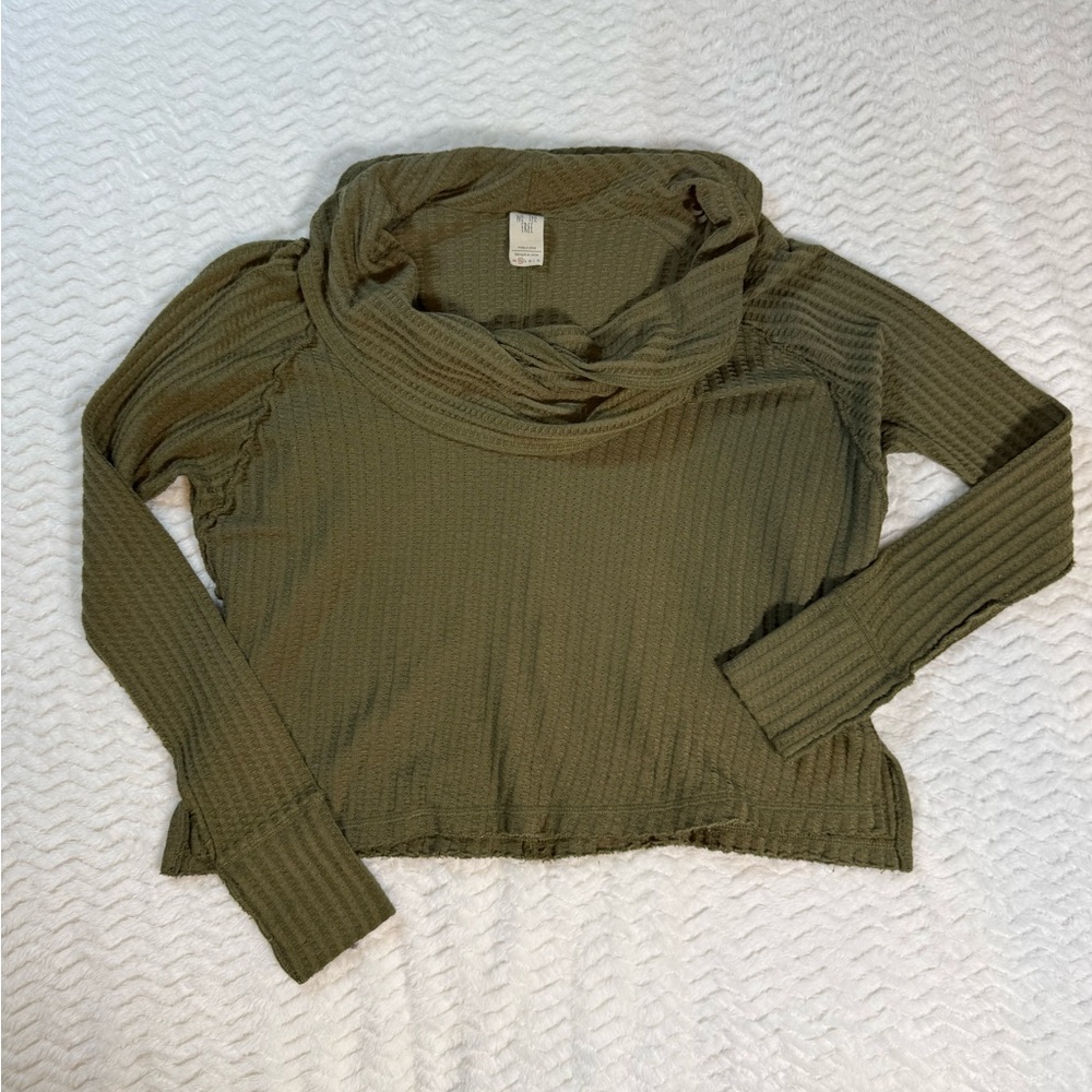 We The Free Olive Green Waffle Knit Cowl Neck Sweater